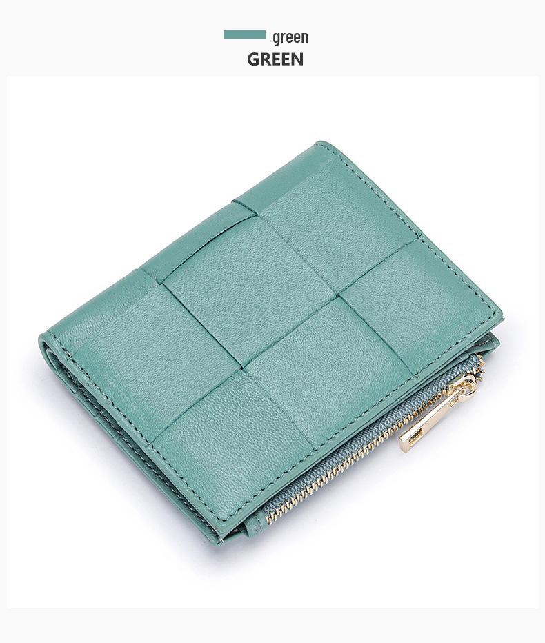 Women's Short Lambskin Woven Wallet: Foldable Card Holder & Zipper Coin Purse (2025)