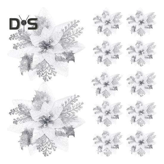 

12 шт. блестящих рождественских украшений в виде пуансеттии с зажимами, искусственные цветы для украшения рождественской елки, свадебного венка серебряный