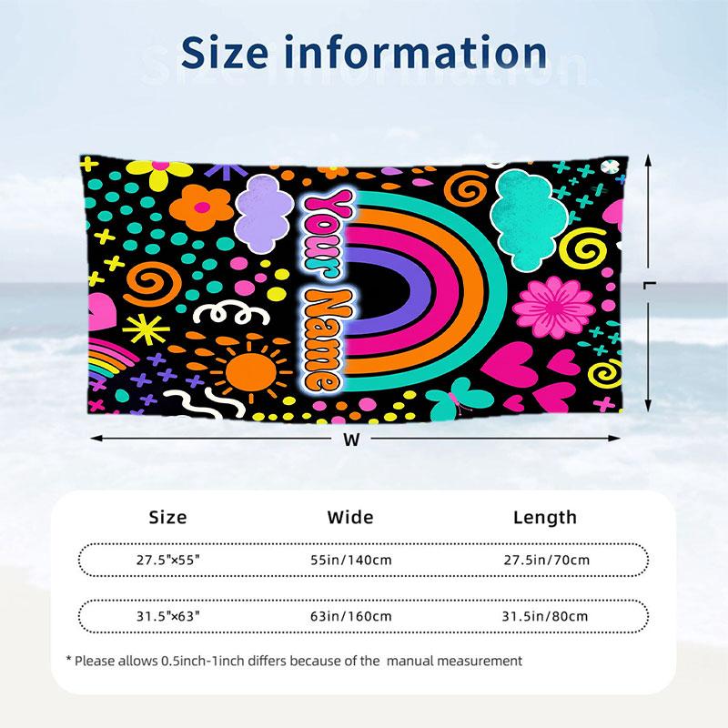 Rainbow Dreams 3 Theme Quick Dry Beach Towel Custom Name Text Print Large Sand Resistant Towel Beach Vacation