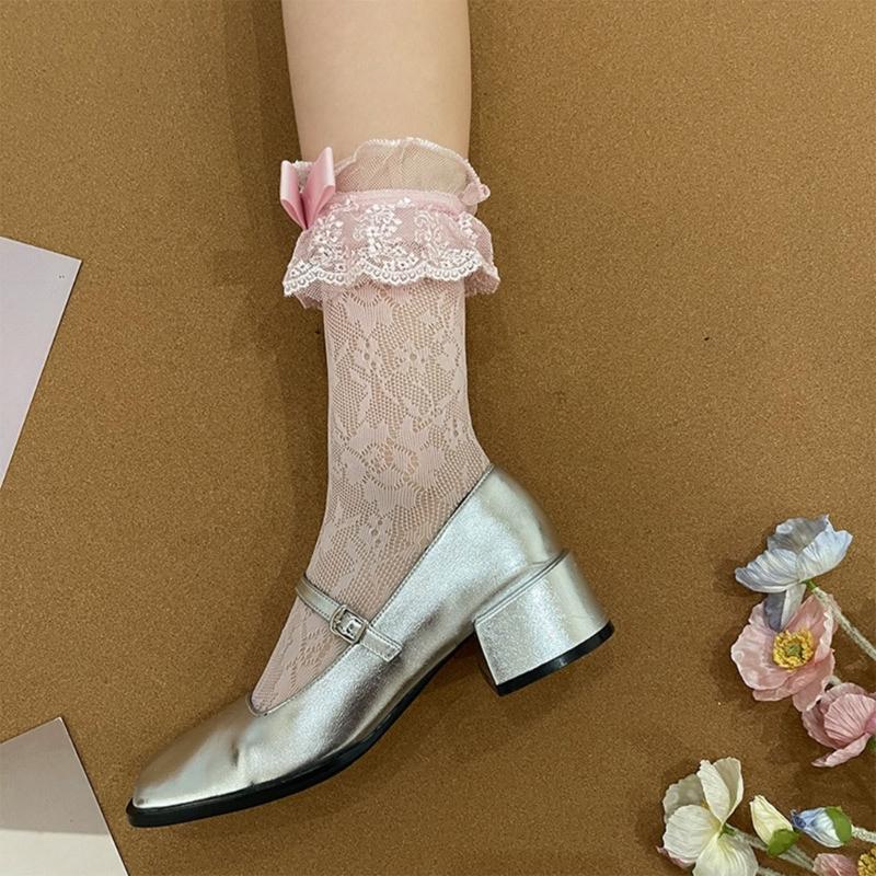 Women Japanese Style JK Girl Flower Lace Ruffle Frilly Ankle Socks Sweet Bowknot Elegant Student Middle Tube Dress Socks