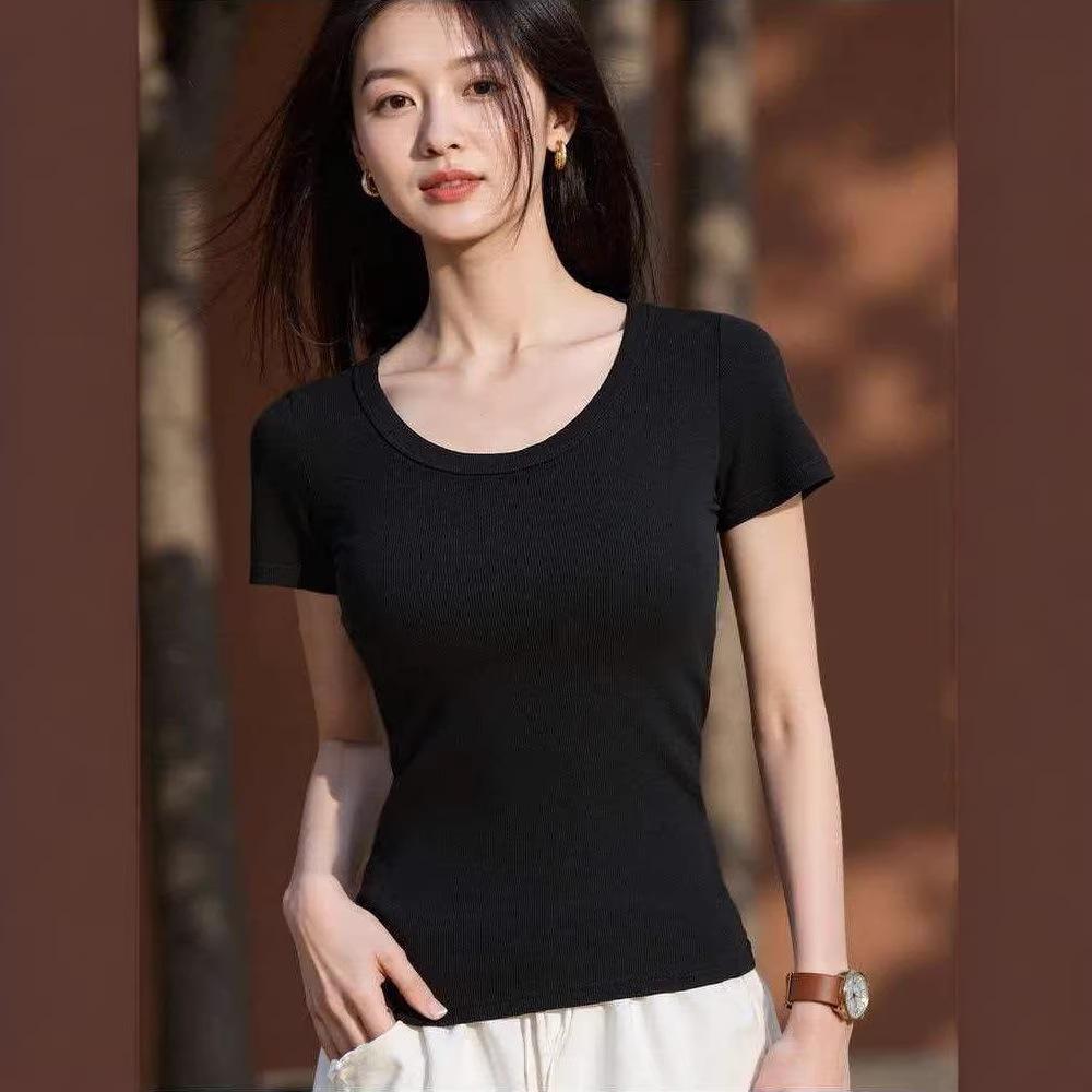 Be careful with the machine U-neck slim-fitting short-sleeved T-shirt for women's summer new waist pinch and thin white bottoming shirt top