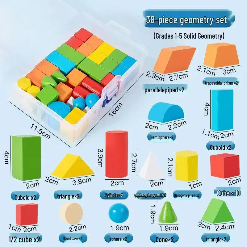 Colored Wooden 3D Geometric Shapes for Primary School Math: Cube, Cylinder, Rectangular Prism Building Blocks