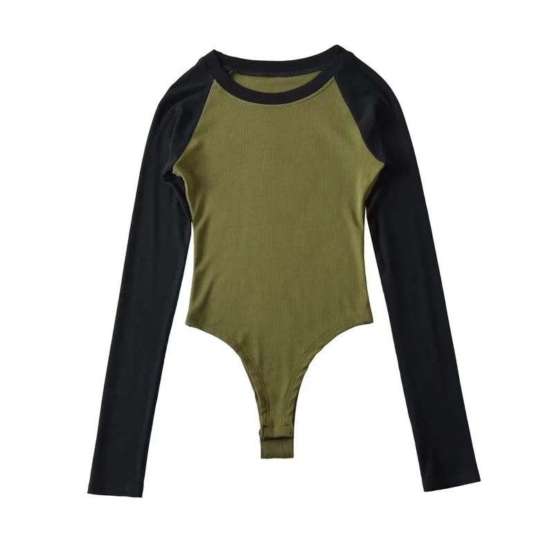 

Стильная цветовая гамма, длинные рукава, круглый вырез, цельная женская футболка, контрастная строчка на рукавах, цельный крой в области промежности, сексуальные топы Army Green S