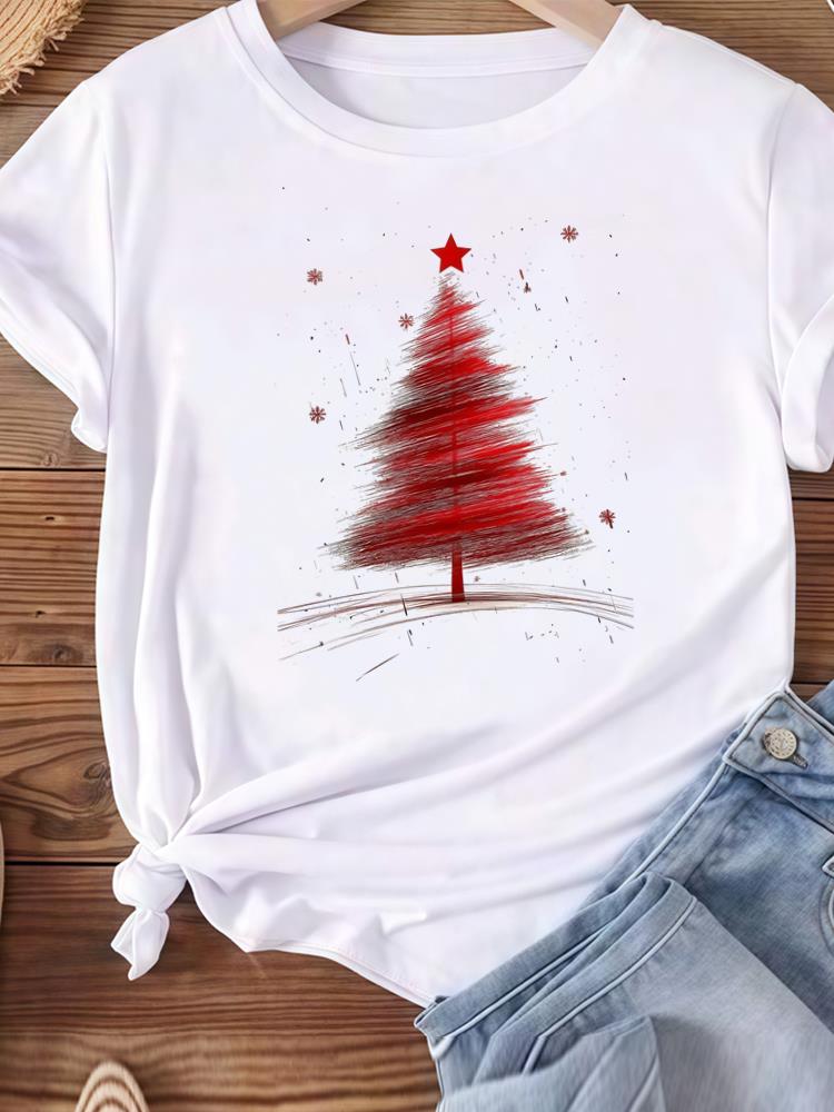 (Asian Size) tree gift happy new year Women's Top T Tee merry Christmas festival O-neck Clothing  Print Fashion ladies Graphic T-shirts