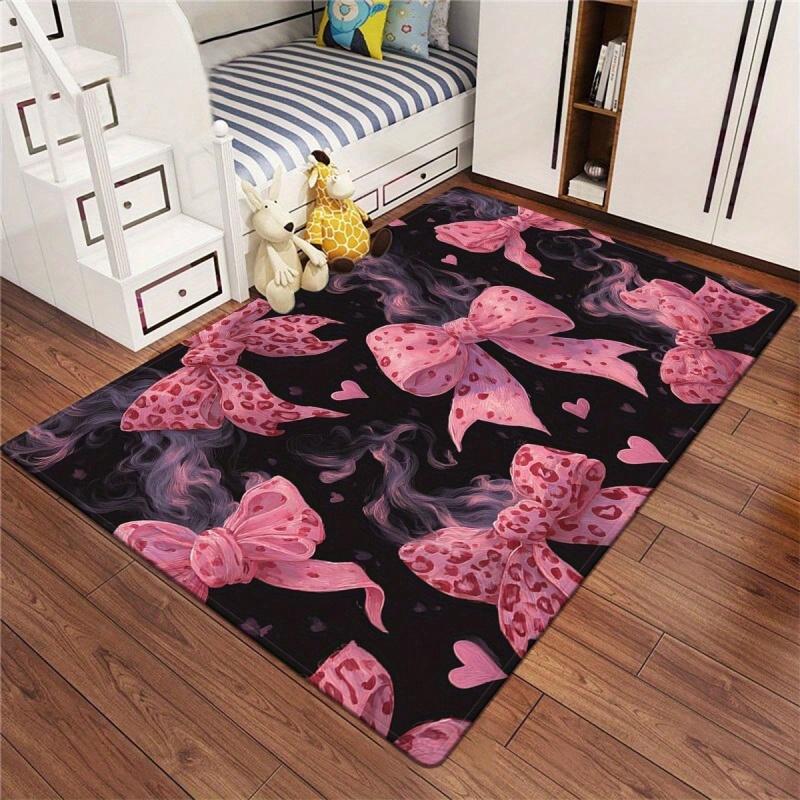 Newest Pink Satin Bowknot Large Area Rug, Black Background Bow Print Floor Carpet for Girls Bedroom Gaming Room
