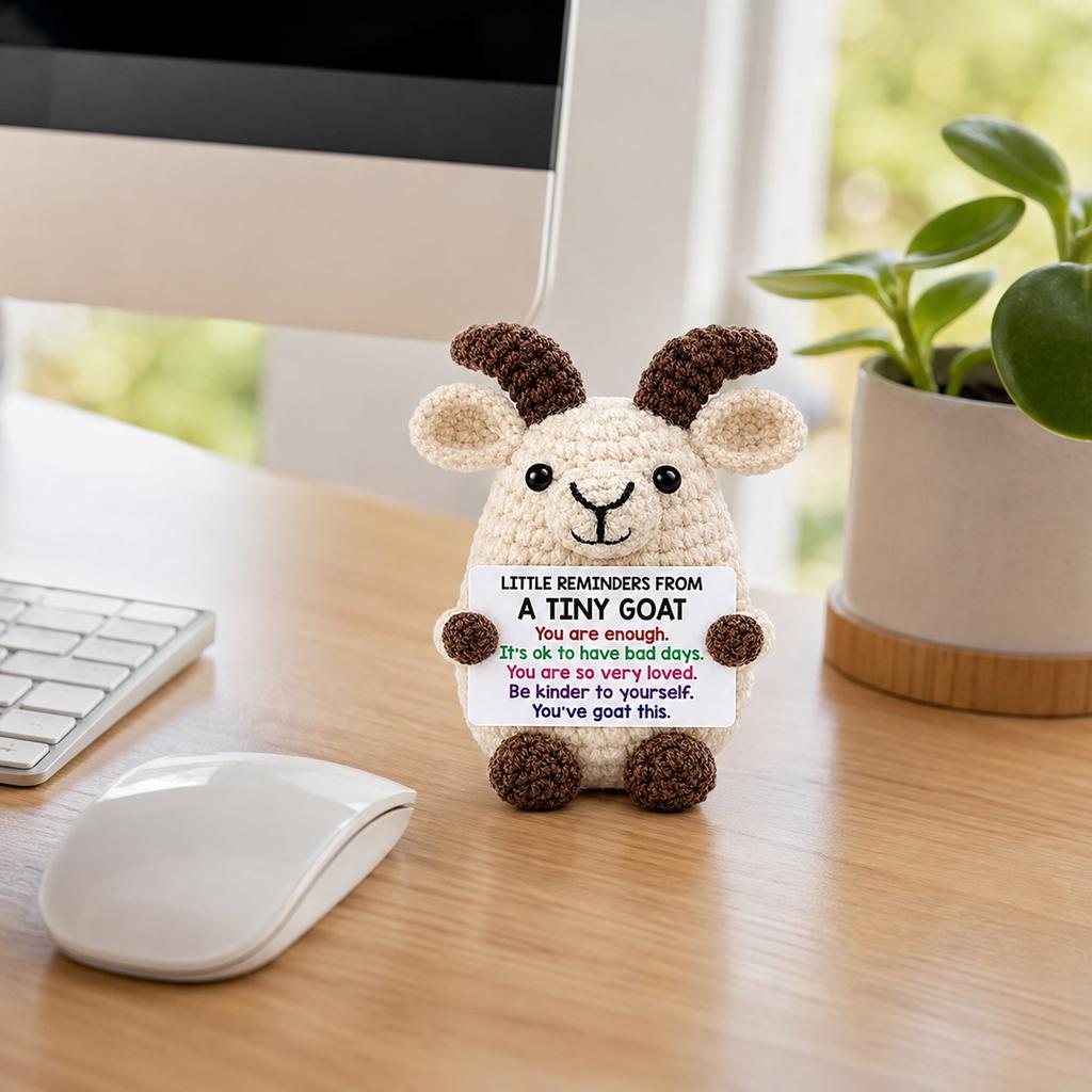 Hand Crocheted Plush with Message Sign, Knitted Wool Figurine for Home Decor