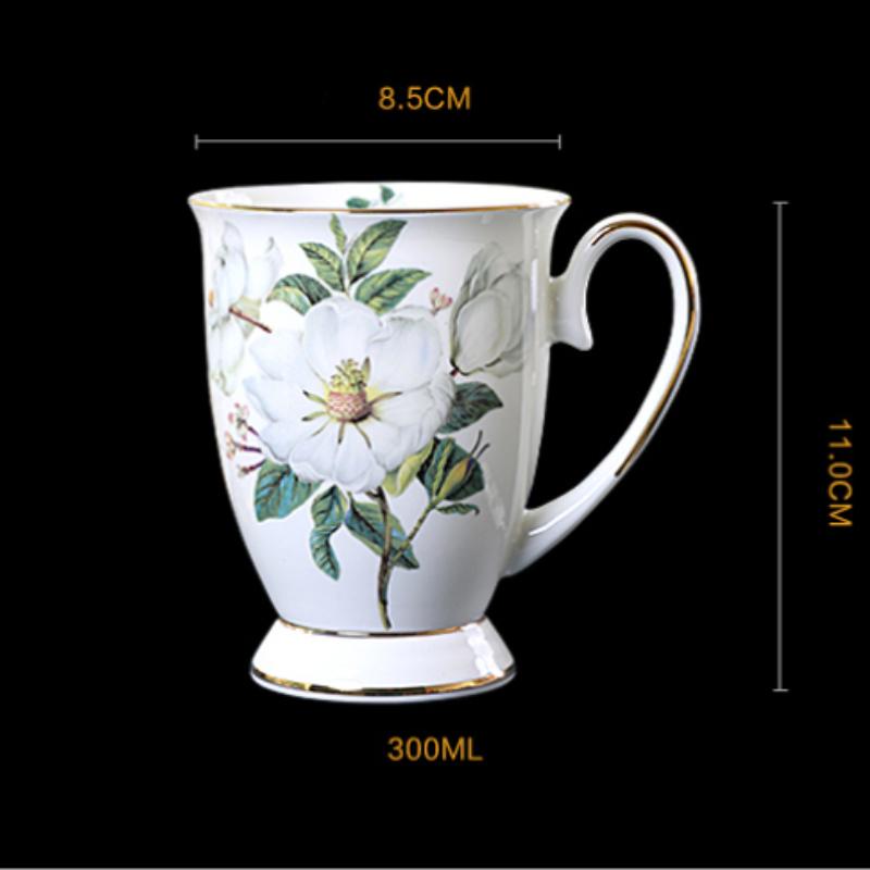 Fine Bone China Coffee Mugs Set of 4, Hand Drawn Gold Rimmed Floral Mugs, Porcelain Bone China Tea Cup with Lid, 300ml Elegant Office Home Tea Sets