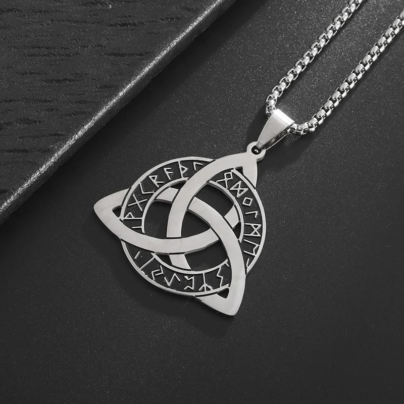 Stainless Steel Trinity Celtic Knot Nordic Rune Pendant Necklace Retro Ethnic Irish Knot Lucky Amulet Jewelry for Men