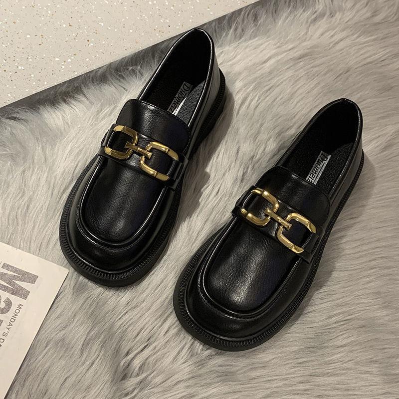 British style soft leather spring and summer small leather shoes women's 2025 new retro metal black single shoes small loafers