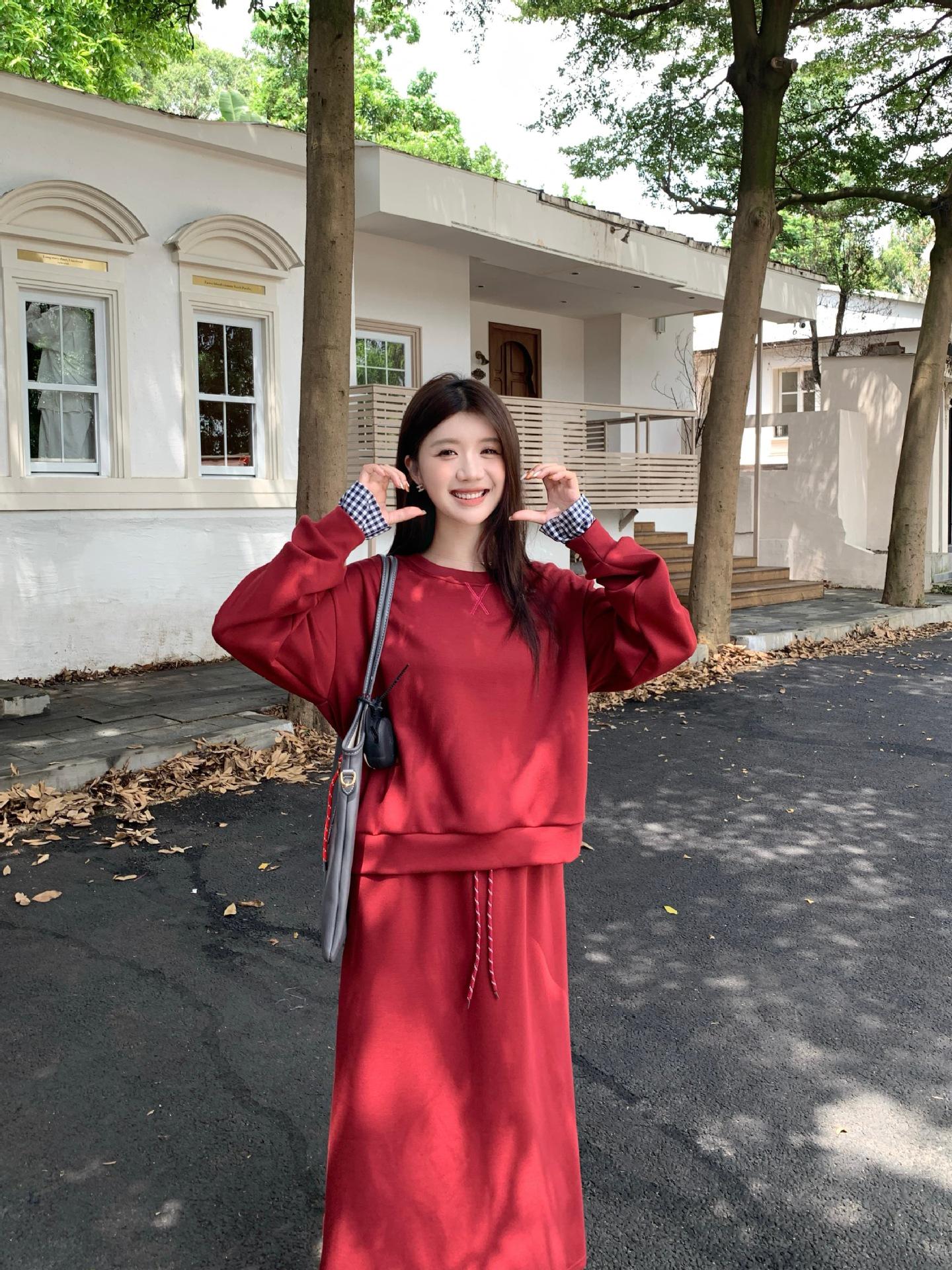 Dark Blue Casual Hoodie & Skirt Set for Women - Korean Style 2026 Spring Collection, Loose Fit, Sporty Two-Piece. XXL