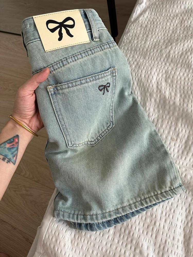 Women's Retro Bow Embroidered Denim Mini Skirt - Summer A-Line Hip-Hugging Style