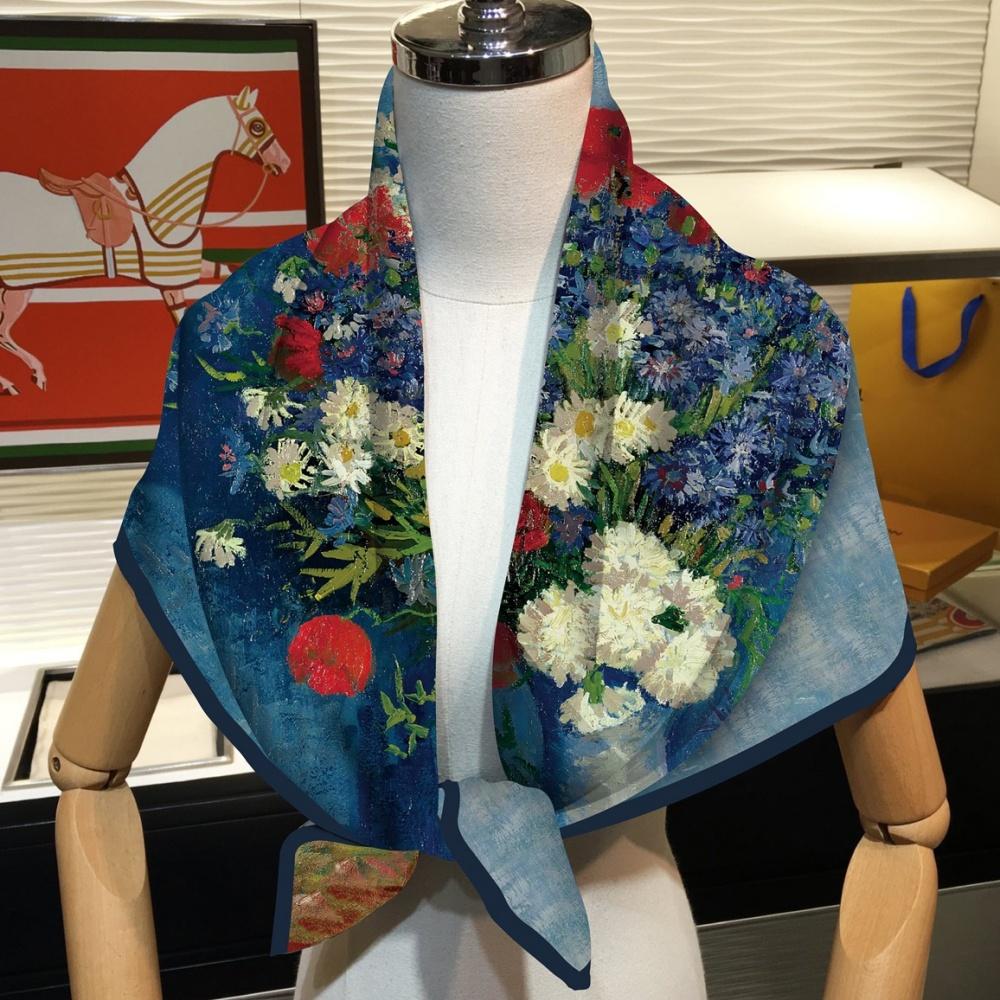 Silk Scarf Women Oil Painting Square Scarves Wraps Head Echarpes Foulards Femme Beach Shawls Bandana Lady Hijabs 90X90CM