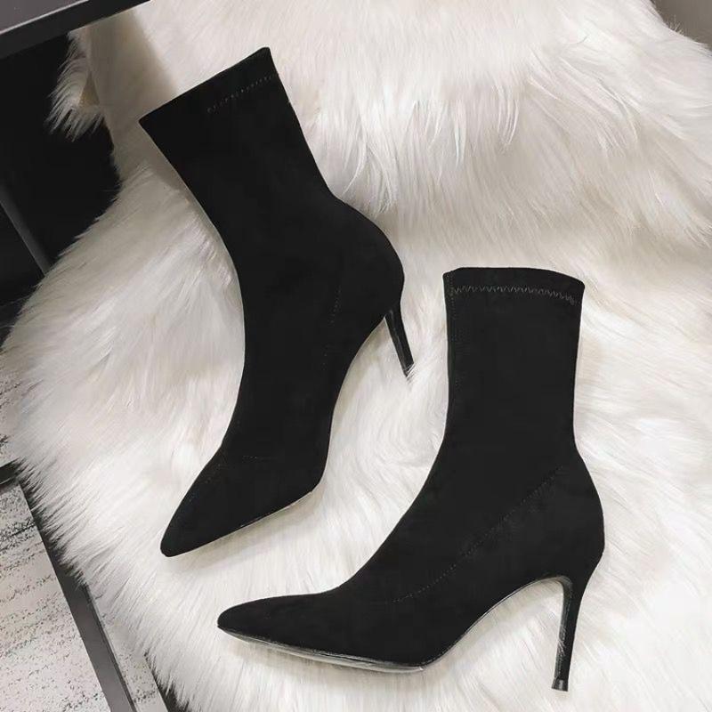Fashion Women's Black New Booties Mid-tube High-heeled Boots Autumn and Winter 2025 Versatile Suede Pointed Toe Stretch Stiletto Heel