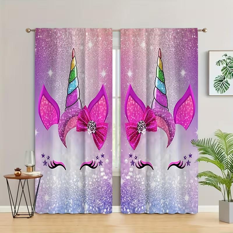 2 Pcs Pink unicorn horns print curtains,suitable for bedroom,living room kitchen decoration,home decoration,window decoration