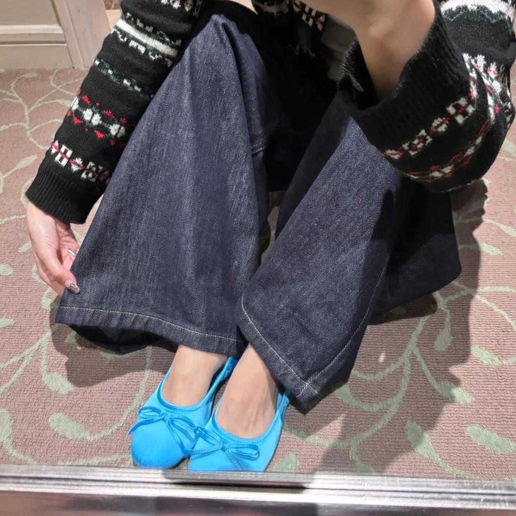 Sheepskin version~ French bow round head ballet single shoes women's small blue shoes gentle wind one pedal flat shoes