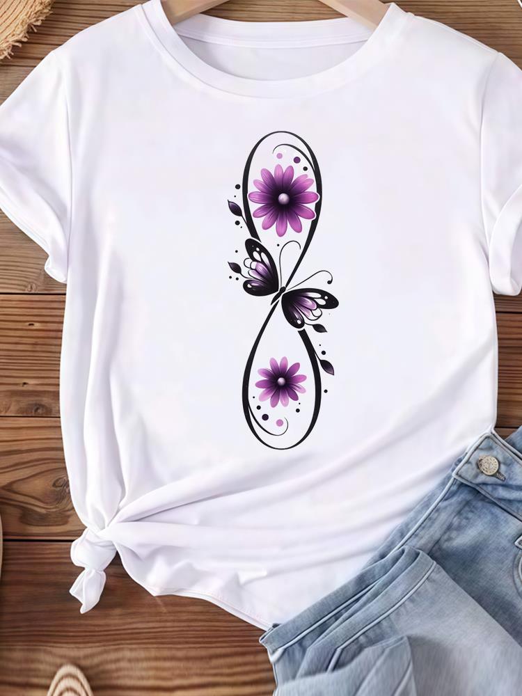 (Asian Size) Love Heart Butterfly Trend Women Tee Top Clothing Casual T Shirt Fashion Printed Lady Female Graphic  Short Sleeve T-shirts