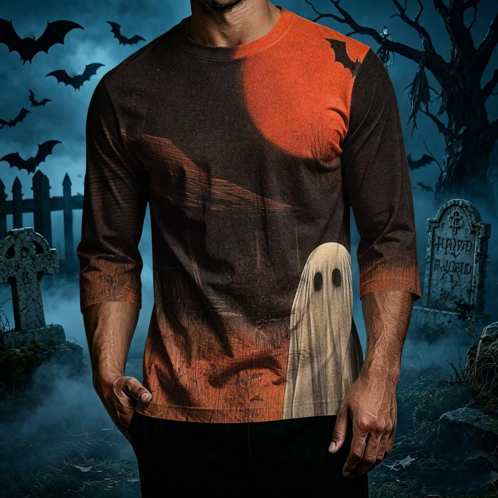 Men's Casual Halloween Print Crew Neck T Shirt Three Quarter Sleeve Regular Fit Top Suitable for Everyday Wear and Seasonal Events