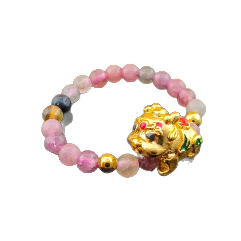 Natural Crystal Tourmaline Cat Paw Lucky Ring with Elastic Beaded Band