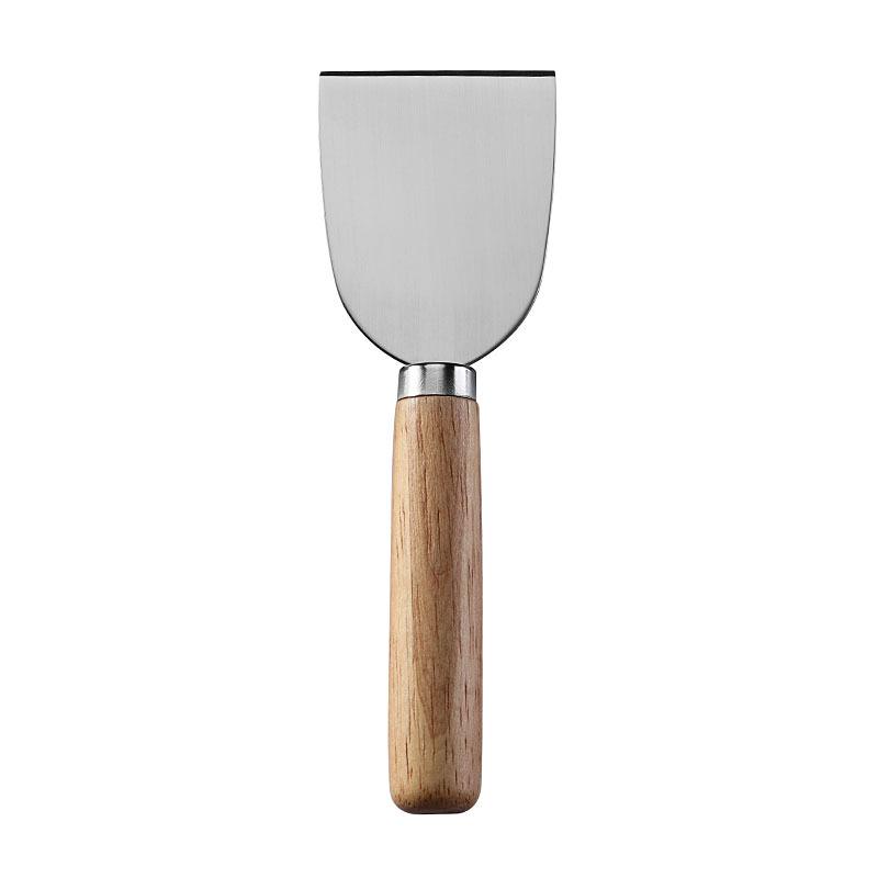 Stainless Steel Cheese Tools Set with Rubber Wood Handle, Including Cheese Knife, Slicer, Butter Knife, and Fork.