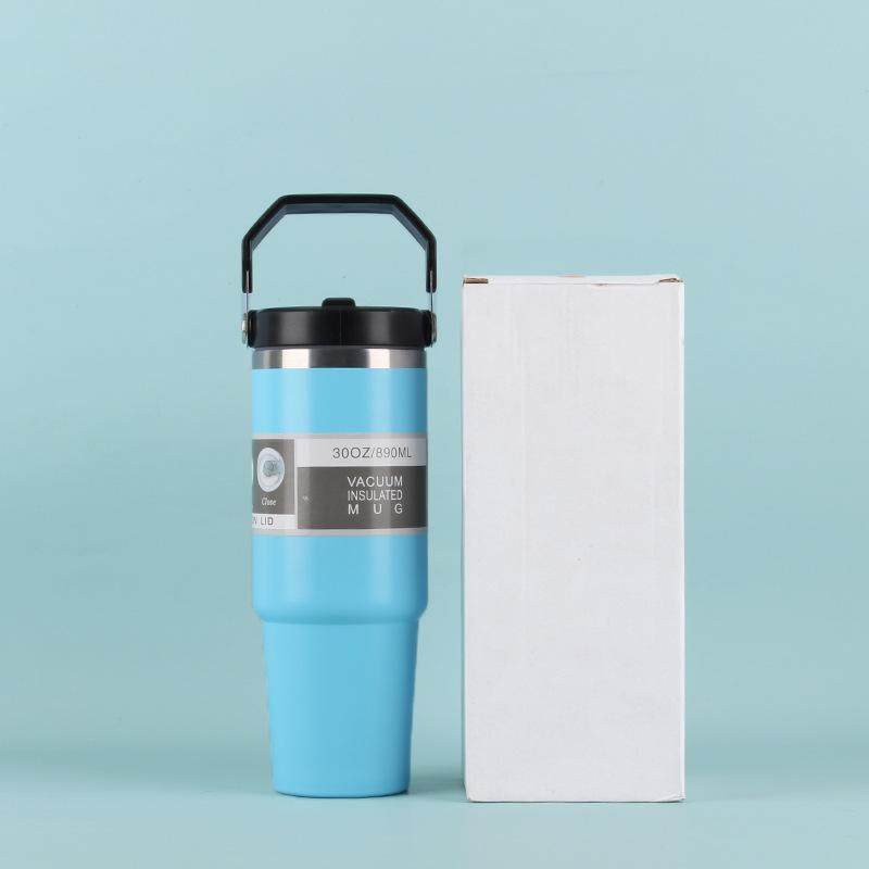 30OZ Portable Car Cup Stainless Steel Thermos Cup with Straw Travel Sports Water Bottle With Handle Cover Coffee Vacuum Flask