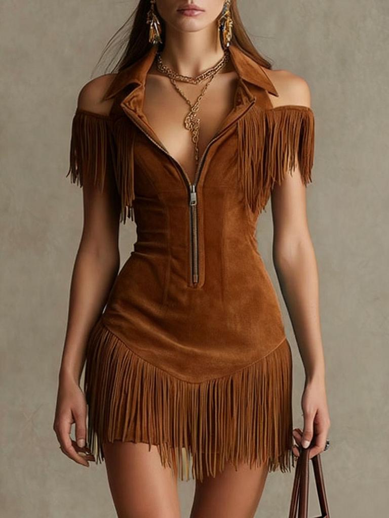 Women's Blue-Green Off-Shoulder Fringe Dress with Front Zipper