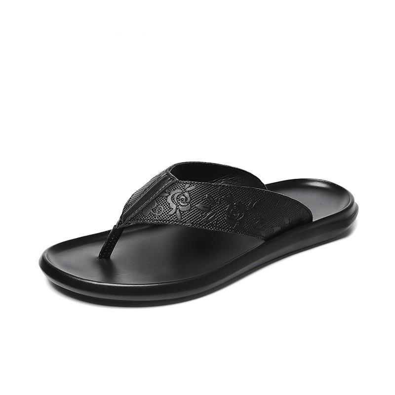 Men's Genuine Leather Toe Post Flip-Flops: Casual Embossed Summer Sandals