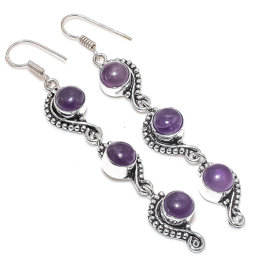 Natural Sage Amethyst Gemstone 925 Sterling Silver Jewelry Earring 3.27" S9U98