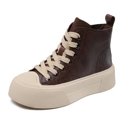 Fashion 5CM 2024 Spring Autumn Chunky Platform Ankle Boots Women Genuine Leather Lace-Up Zipper High Top Thick Sole Casual Board Shoes