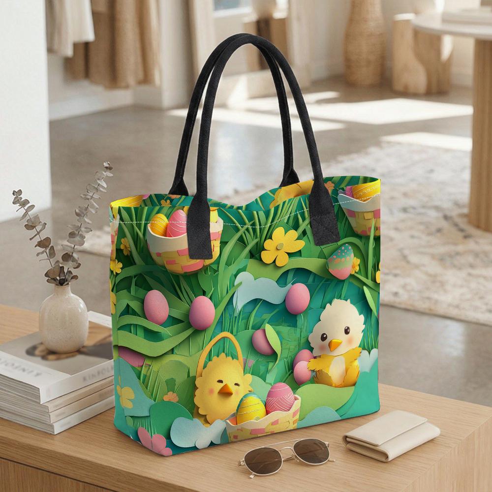 Easter Cute Chick Print Tote Bag Casual Large Capacity Handbag for Daily Use