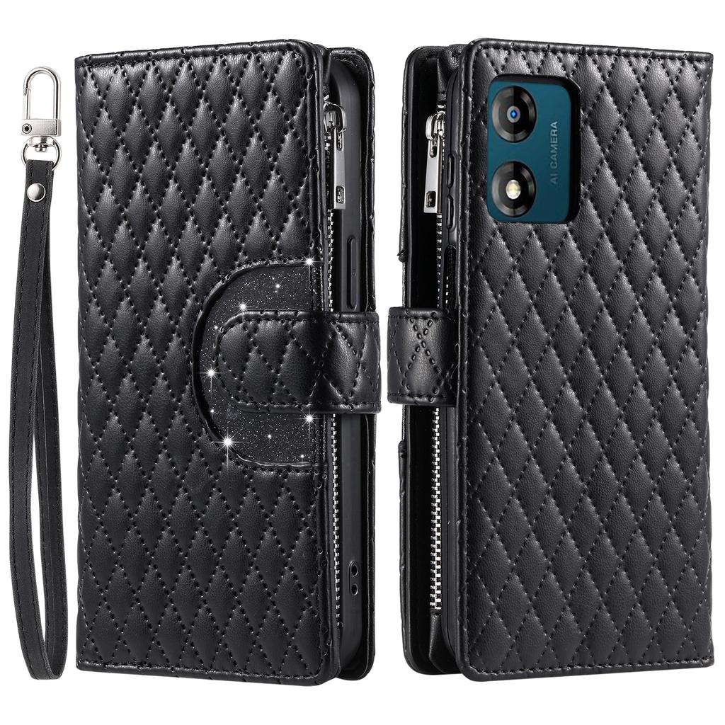 Style 013 for Motorola Moto E14 4G/G04 4G/G04s 4G/G24 4G Case Rhombus Leather Zipper Phone Cover