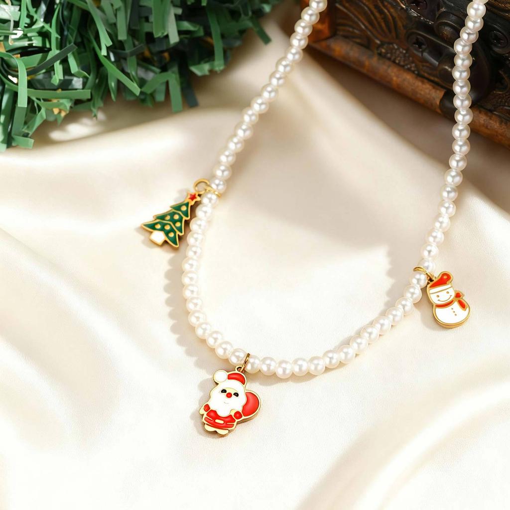 Stainless Steel Santa Claus Christmas Tree Snowman Imitation Pearl Beaded Necklace Female, Christmas Sweater Chain Nc-1256