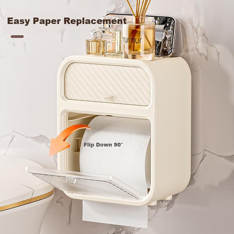 Baizi Bathroom No-Drill Storage Rack Toilet Paper Holder Face Towel Storage Box Wall-Mounted Tissue Box Napkin Roll Holder Rack