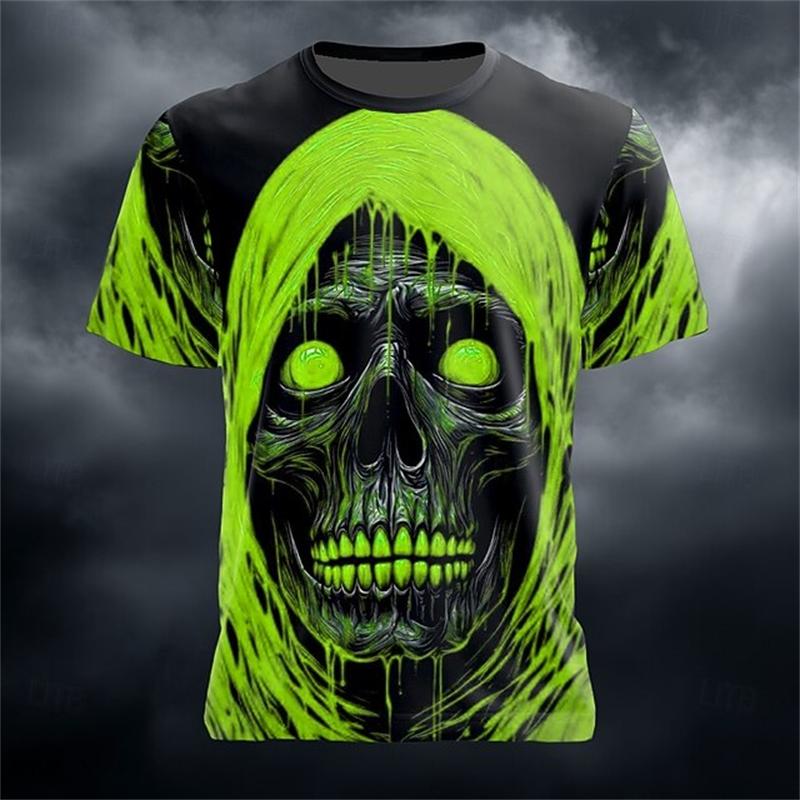 2025 Neues Herren Atmungsaktives Rundhals-T-Shirt mit Gruseligem Totenkopf-Print für Halloween Kurzarm Street Hip Hop Casual Outdoor Oberteil