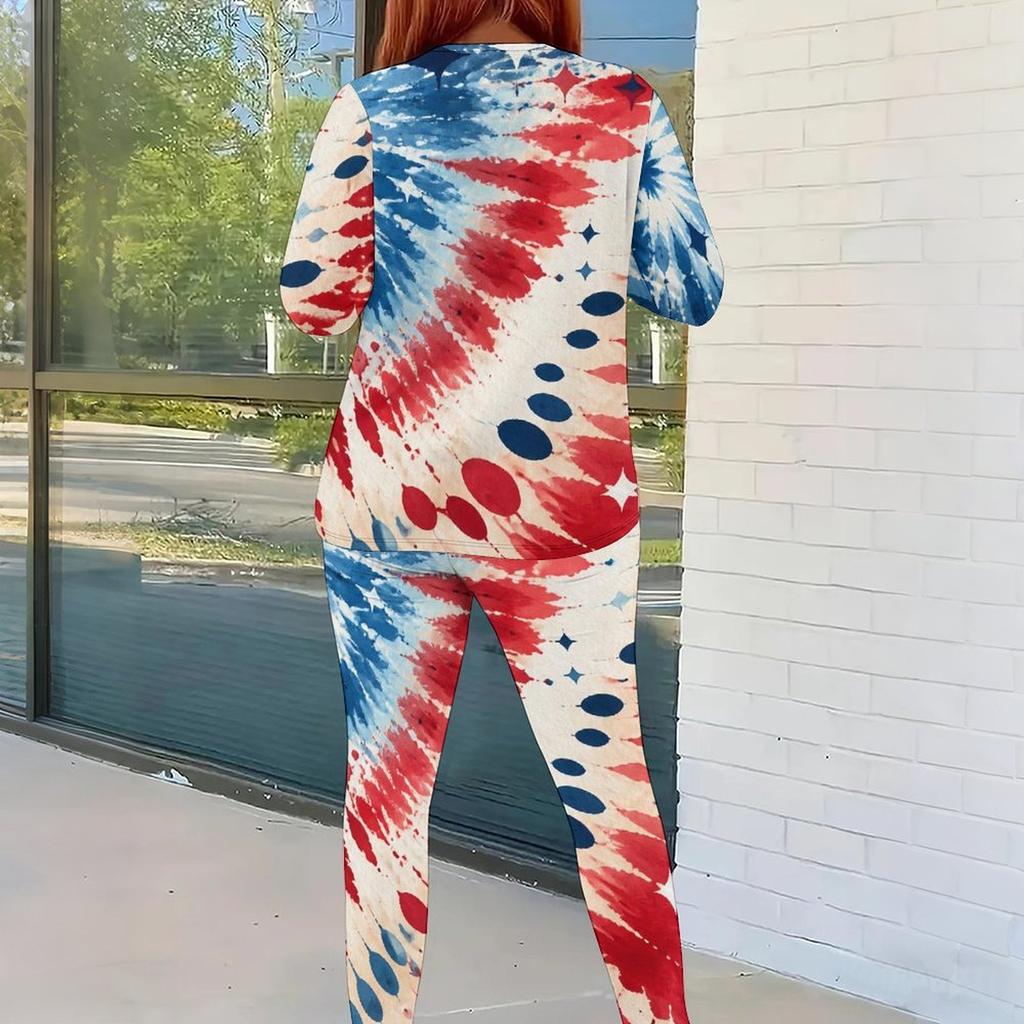 Women Plus Size Round Neck Long Sleeve Printed Top And Fitted Pants Two Piece Set