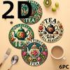 6 PCS 2D Wooden Mugs Colorful Flower Teapot Patterns Theme Desktop Insulation Mats Home Decor Coffee Cup Coasters Office