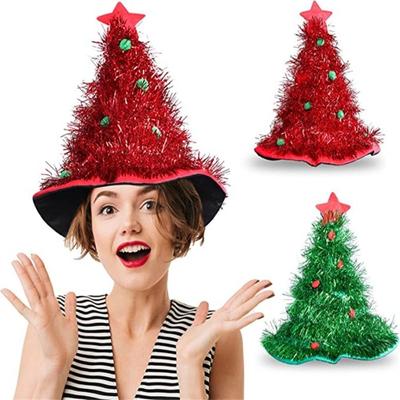 New Design Shiny Tinsel Colorful Poms Christmas Tree Hat Festival Party Supplies Role-Playing Costume Hat Headwear Photo Props
