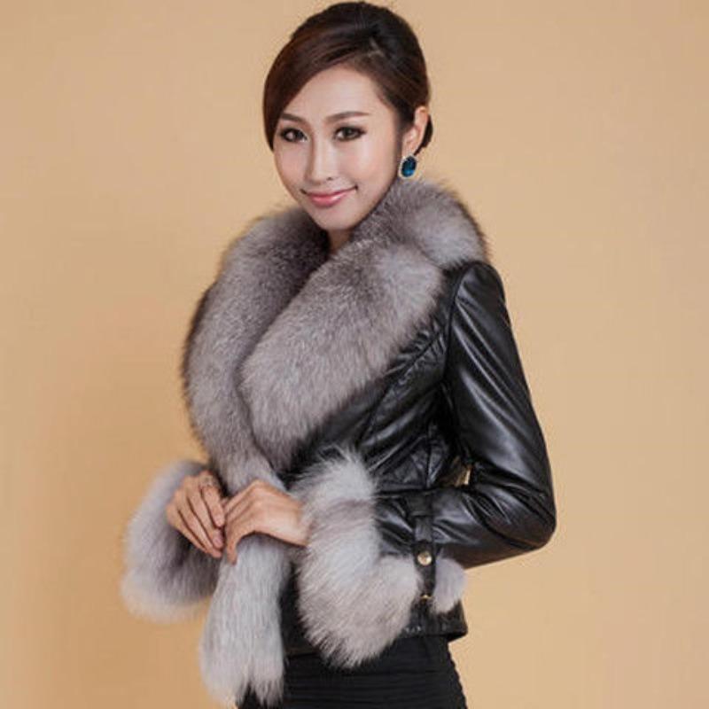 Autumn and winter leather jacket women's short slim-fitting small thickened coat imitation fox hair