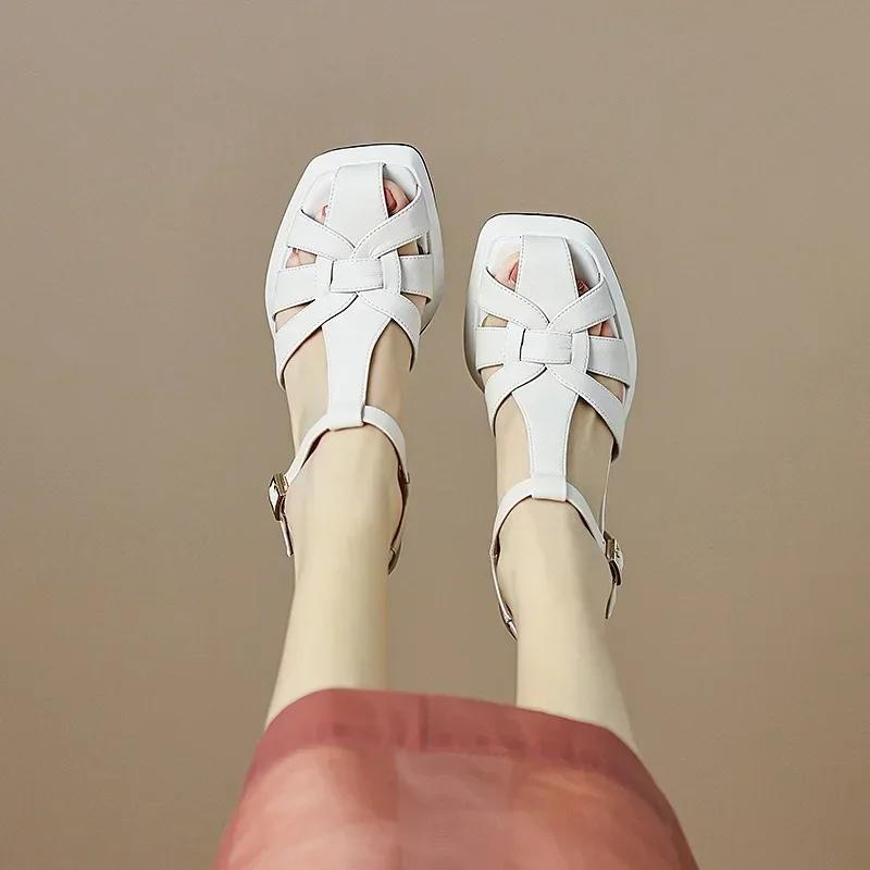 New Thick Heel Romen Sandals Women High Heel Leather Shoes Retro Weave Hollow Platform British Style Female Shoes 2026