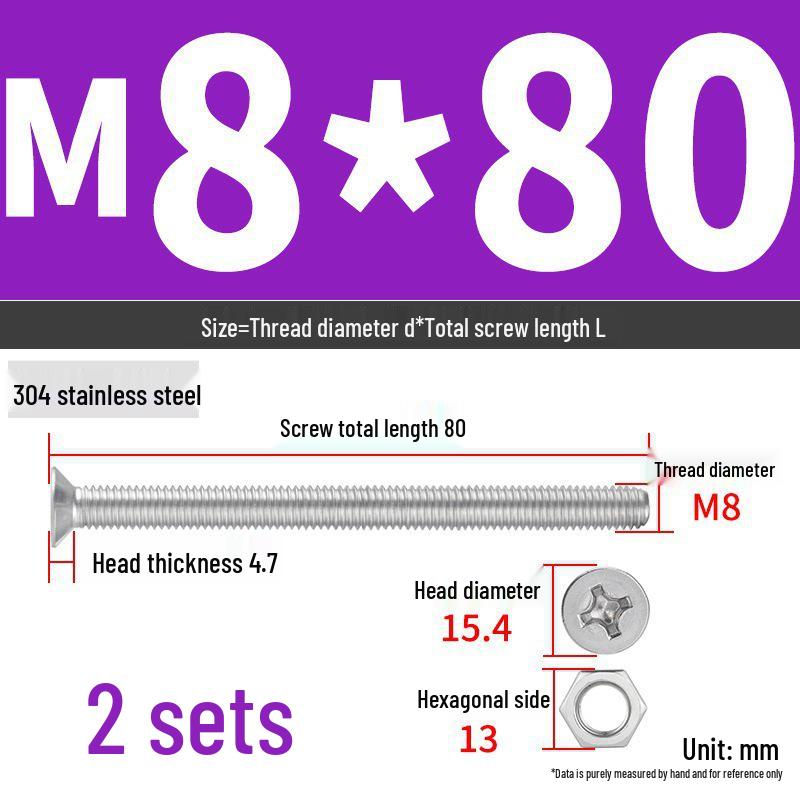 304 Stainless Steel Extra Long Phillips Flat Head Screws and Nuts Set (2M, 3M, 4M)