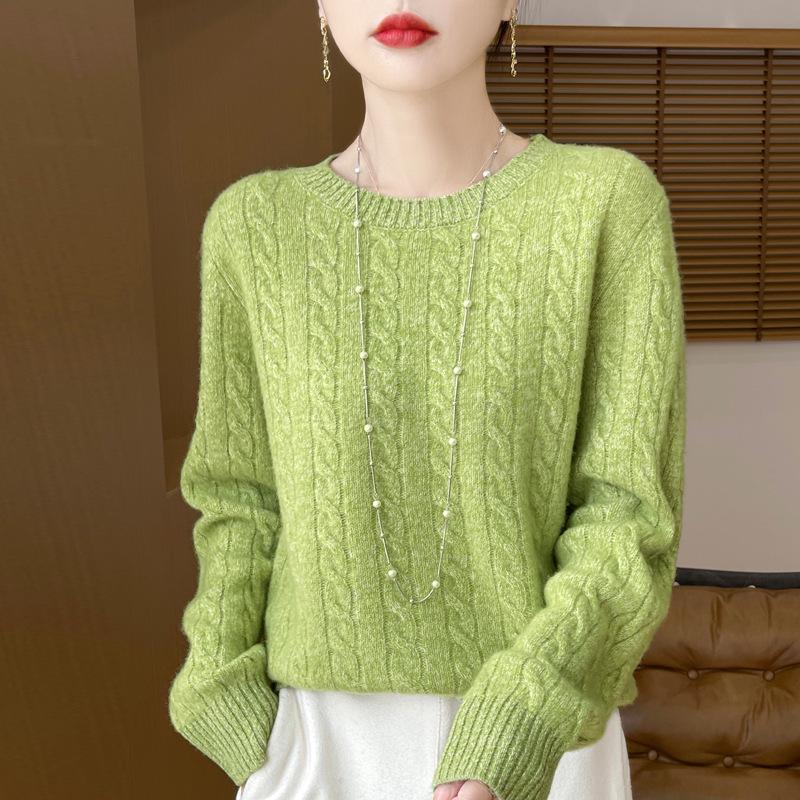 

Женский свитер из 100% чистой шерсти, кабельной вязки, с круглым вырезом - Толстый меланжевый пуловер, свободного стиля Large