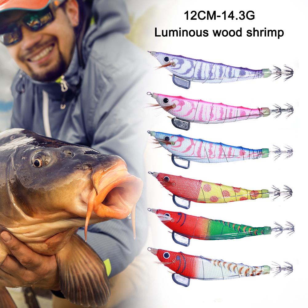 

50/10/5PCS Luminous Squid Jig Fishing Wood Shrimp Lure Squid Cuttlefish Jigs Lures Spinnerbait Wood Shrimp 12cm 14.3g Tackle