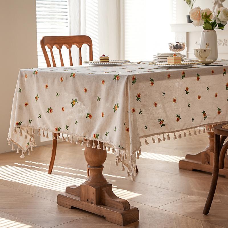 Amazon Popular Japanese-Style Striped Linen Tablecloth Tables And Chairs Simple Plain Tassel Atmosphere Decorative Cloth Dining Table