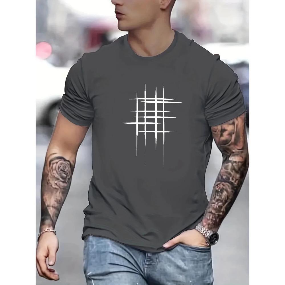 Summer Men's 100% Cotton Casual Loose Size Graphic Line Print Round Neck Short Sleeve T-shirt Top