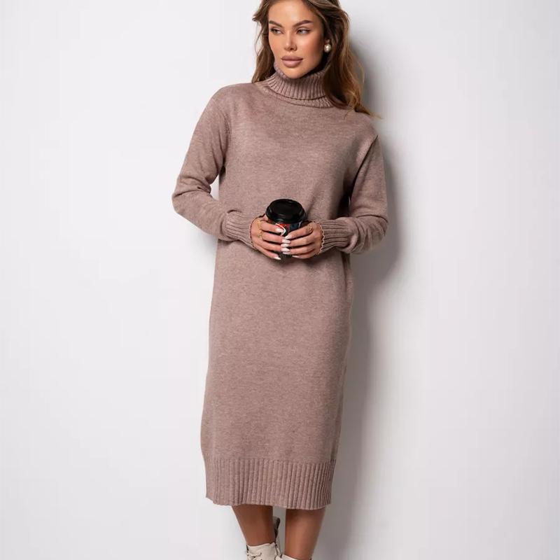 Ribbed Turtleneck Knitted Dress Women Autumn Winter Basic Long Sleeve Sweater Dress Woman Solid Color Long Dresses Female