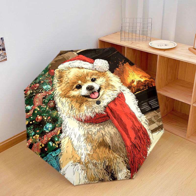 1 PC Automatic Folding Umbrella - Pomeranian Pattern, Portable & Foldable Design with 8 Ribs, Christmas Birthday Gifts