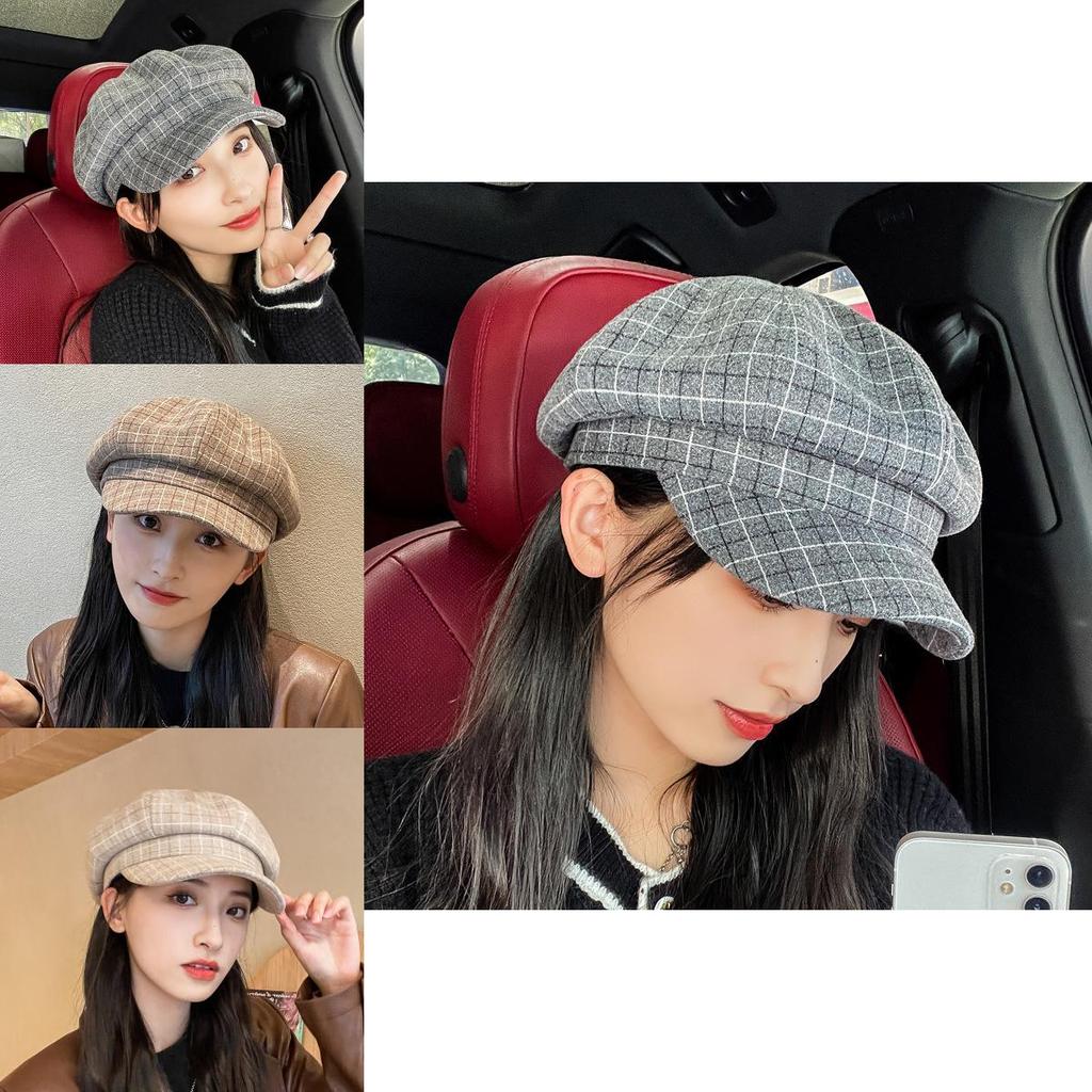 Classic Uk Inspired Plaid Octagon Hat For Women Autumn Winter Windproof Warm Winter Cap