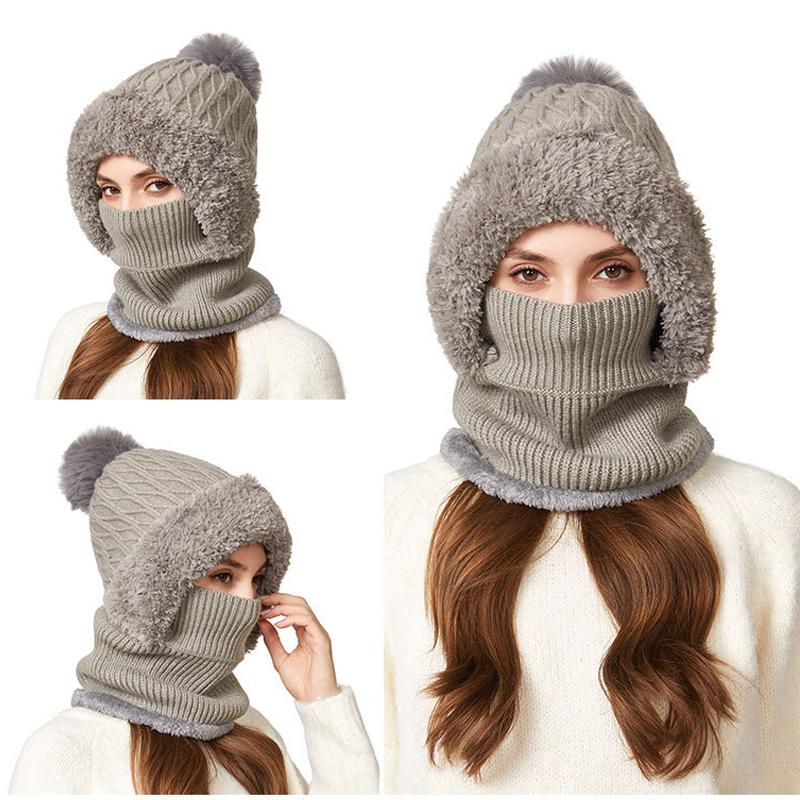 Knitted Hat Thick Velvet Mask Scarf All-in-one Hat   Winter Warm Hat for Women