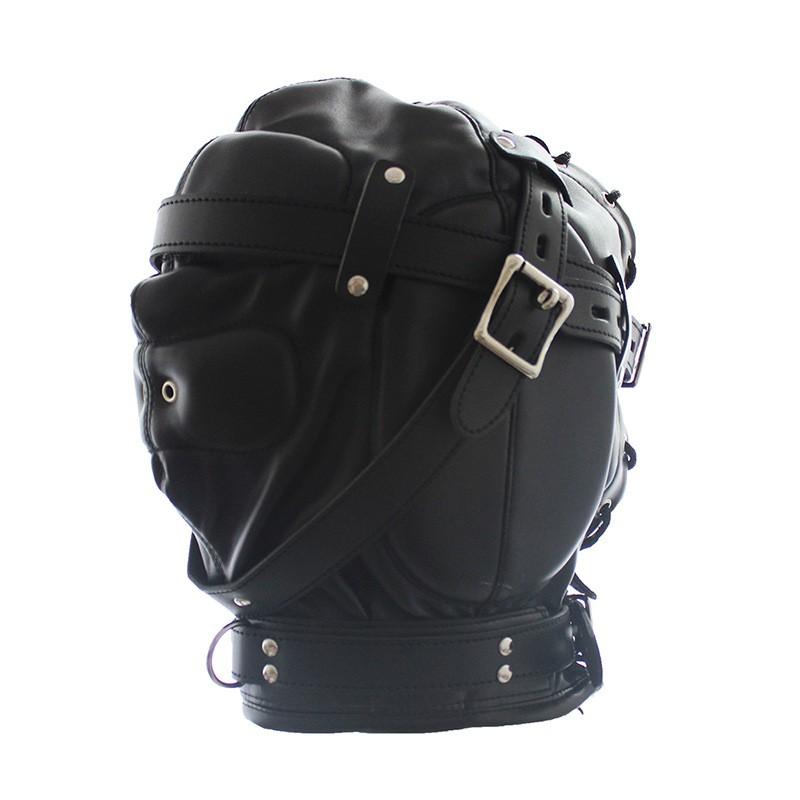 Top Quality Black Head Gear Leather Hood Bondage Slave Mask for Sex