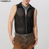 Men Zip-up Sleeveless Mesh Sheer Striped See Through Tank Tops