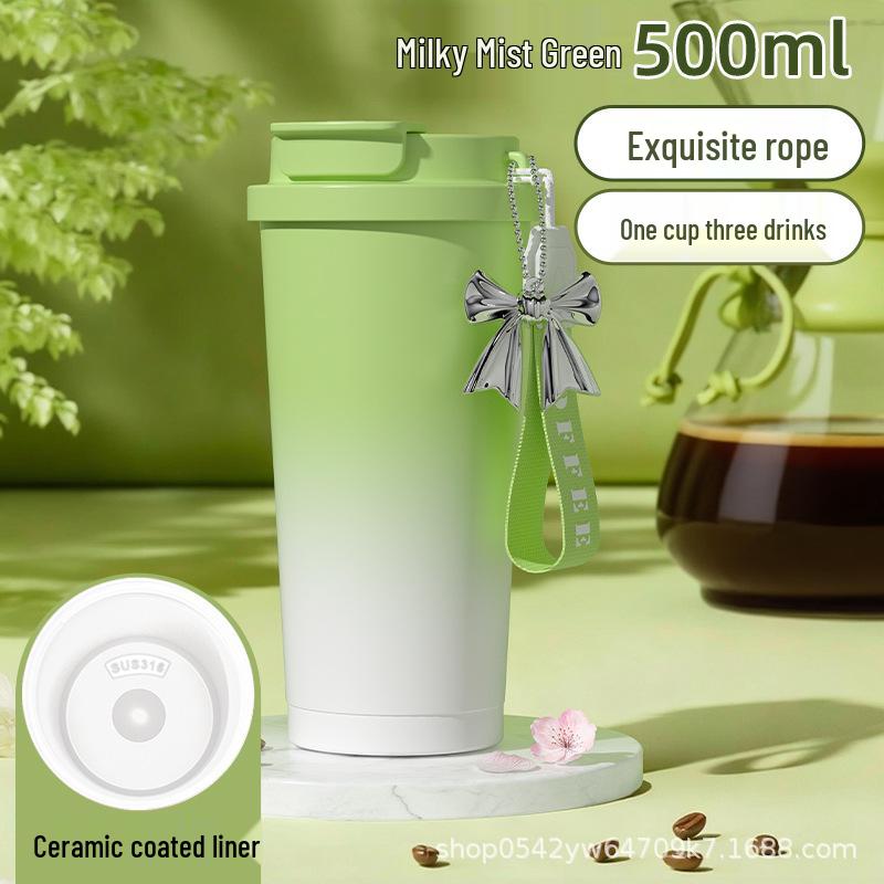 High-Design Insulated Coffee Cup with Ceramic Liner and Straw, 316 Stainless Steel, Simple Gift Box